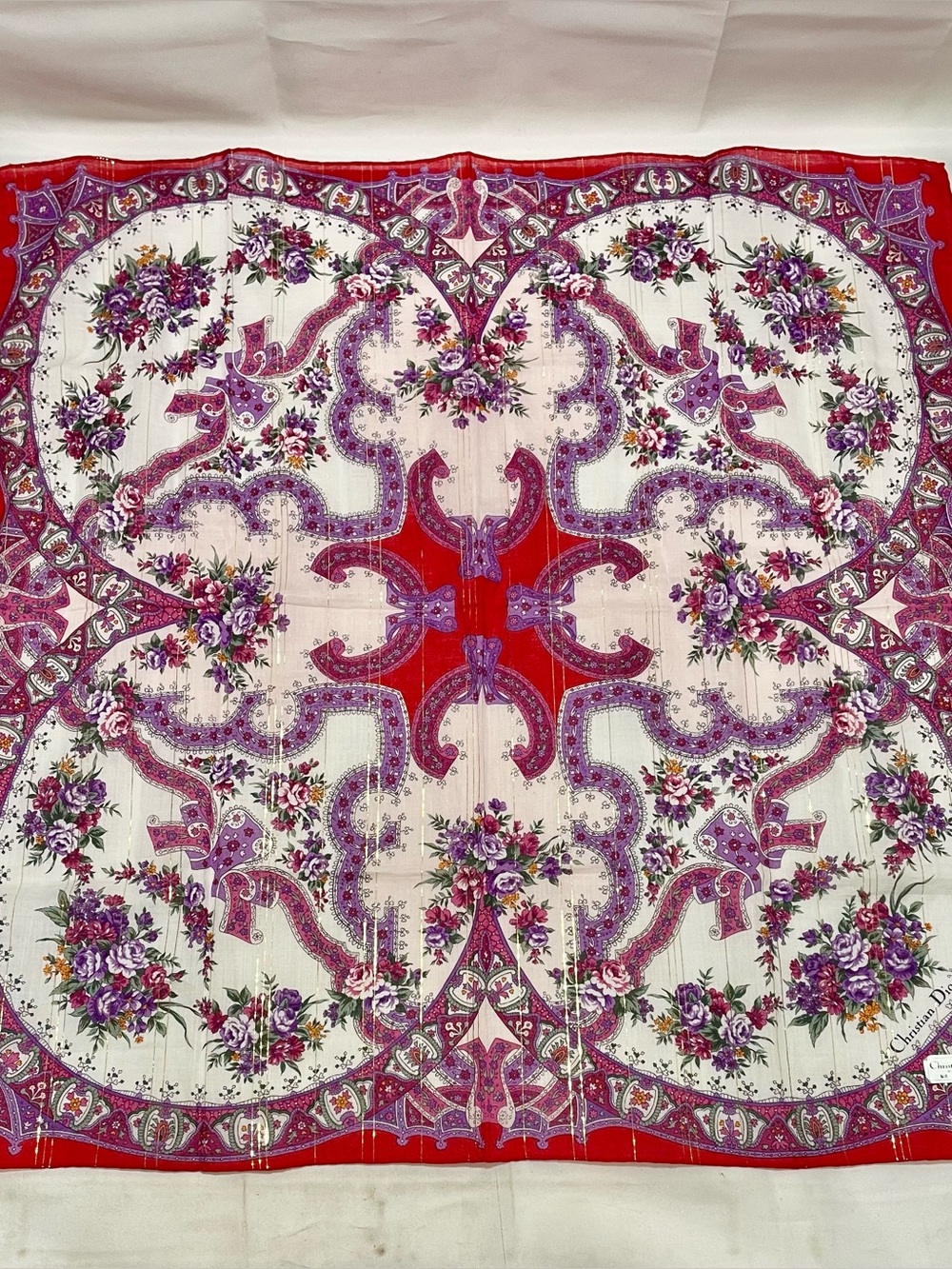 Christian Dior Floral Cotton Handkerchief Bandana Scarf Gold Accents ✨VINTAGE✨